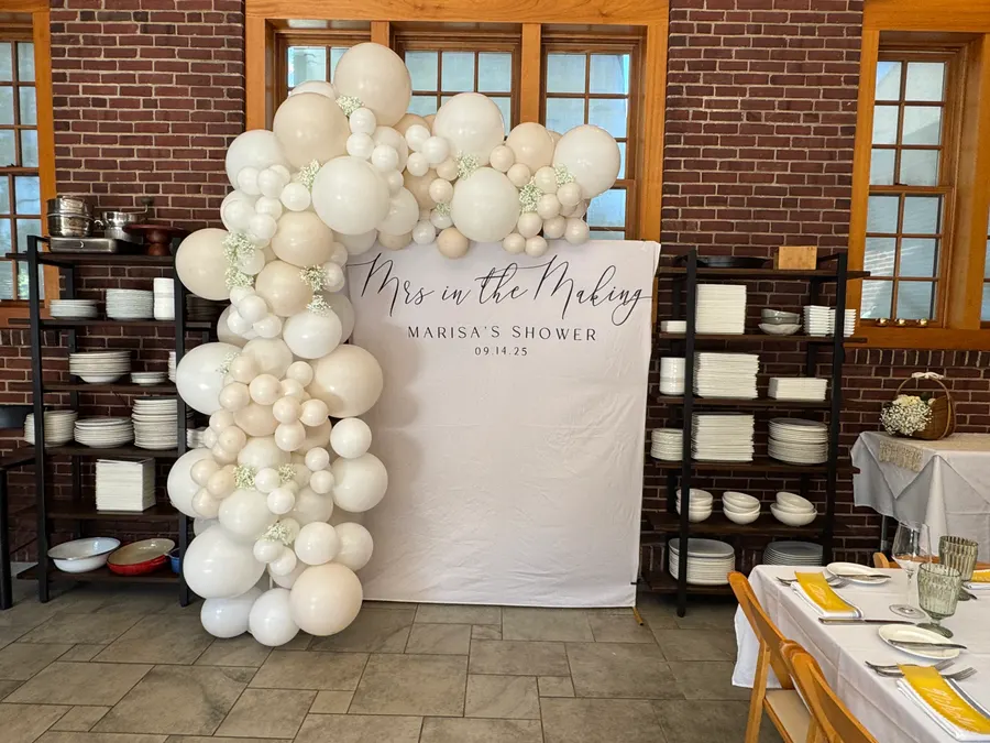 White and cream organic balloon garland for a bridal shower