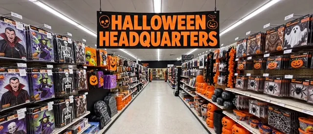 The Halloween Headquarters aisle at Party Fair Chester, full of costumes, masks and decorations